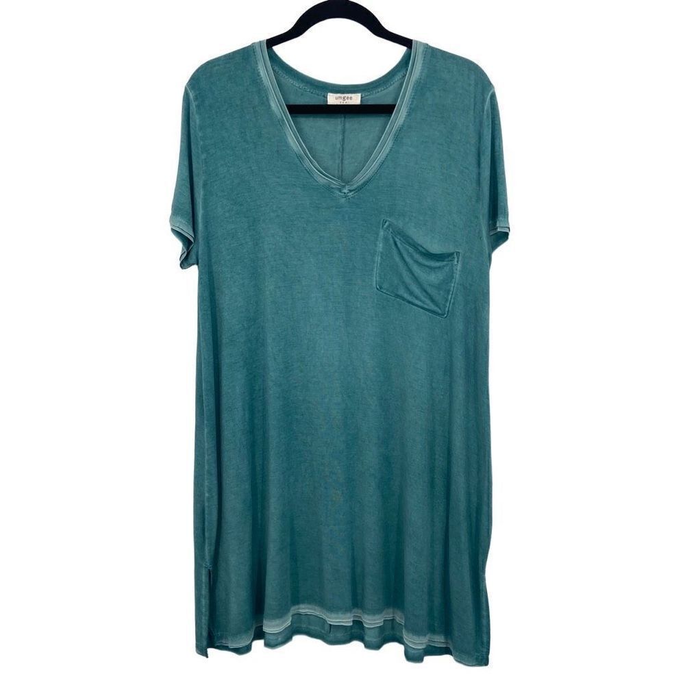 UMGEE Oversized Washed V-Neck Tee Chest Pocket Dress in Peacock Green Small
